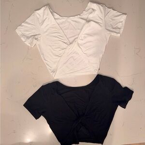 BuffBunny Twist-Front Short Sleeve Crop Top in White and Black